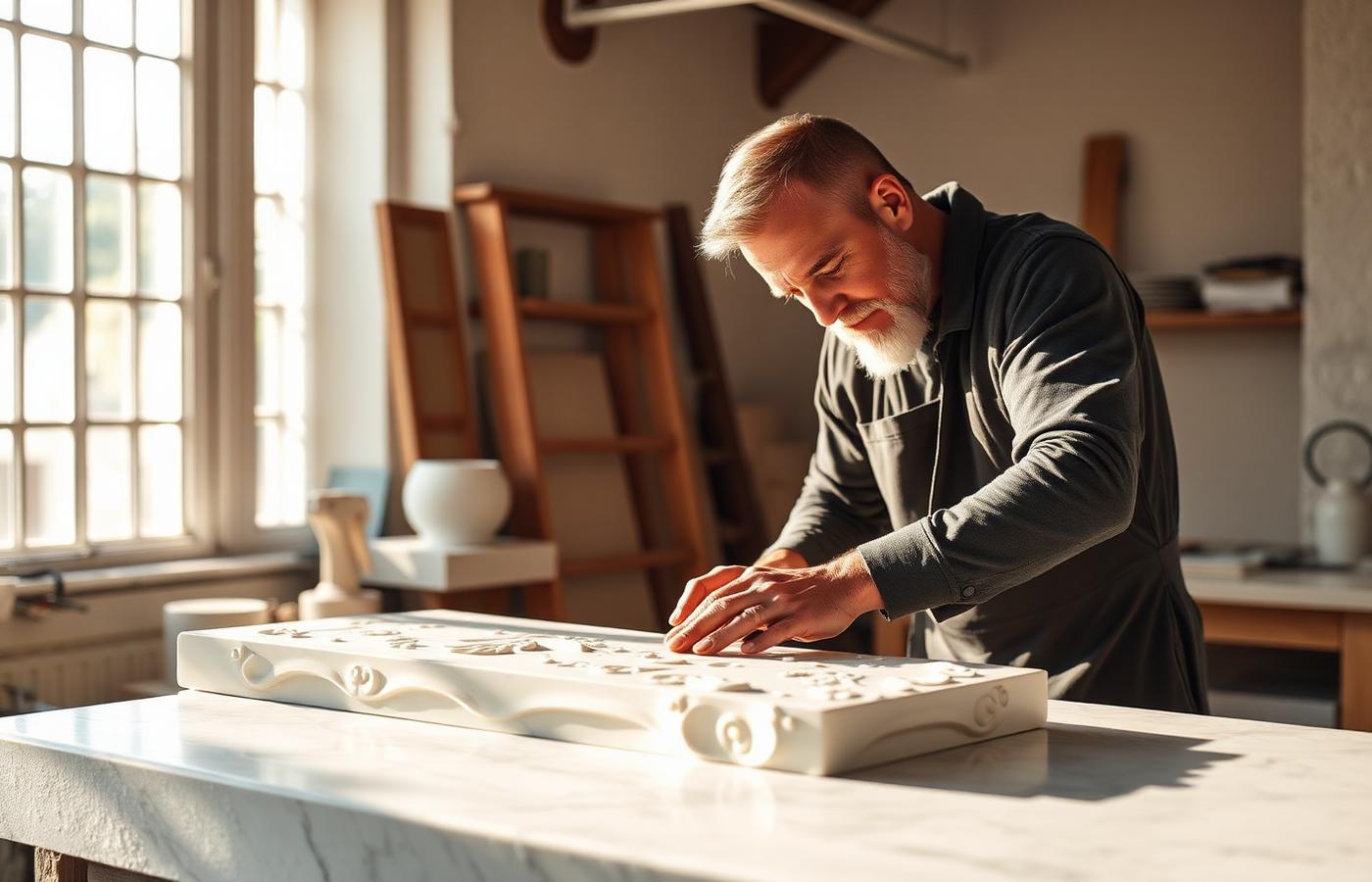 Meșter sculptor lucrând marmură în atelier